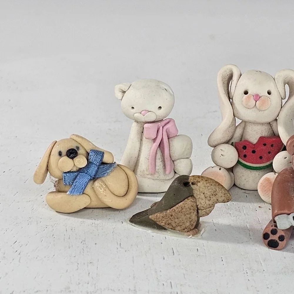 Polymer Clay Animal Miniature Figurine Lot Rabbit Dog Bear Bird Cat